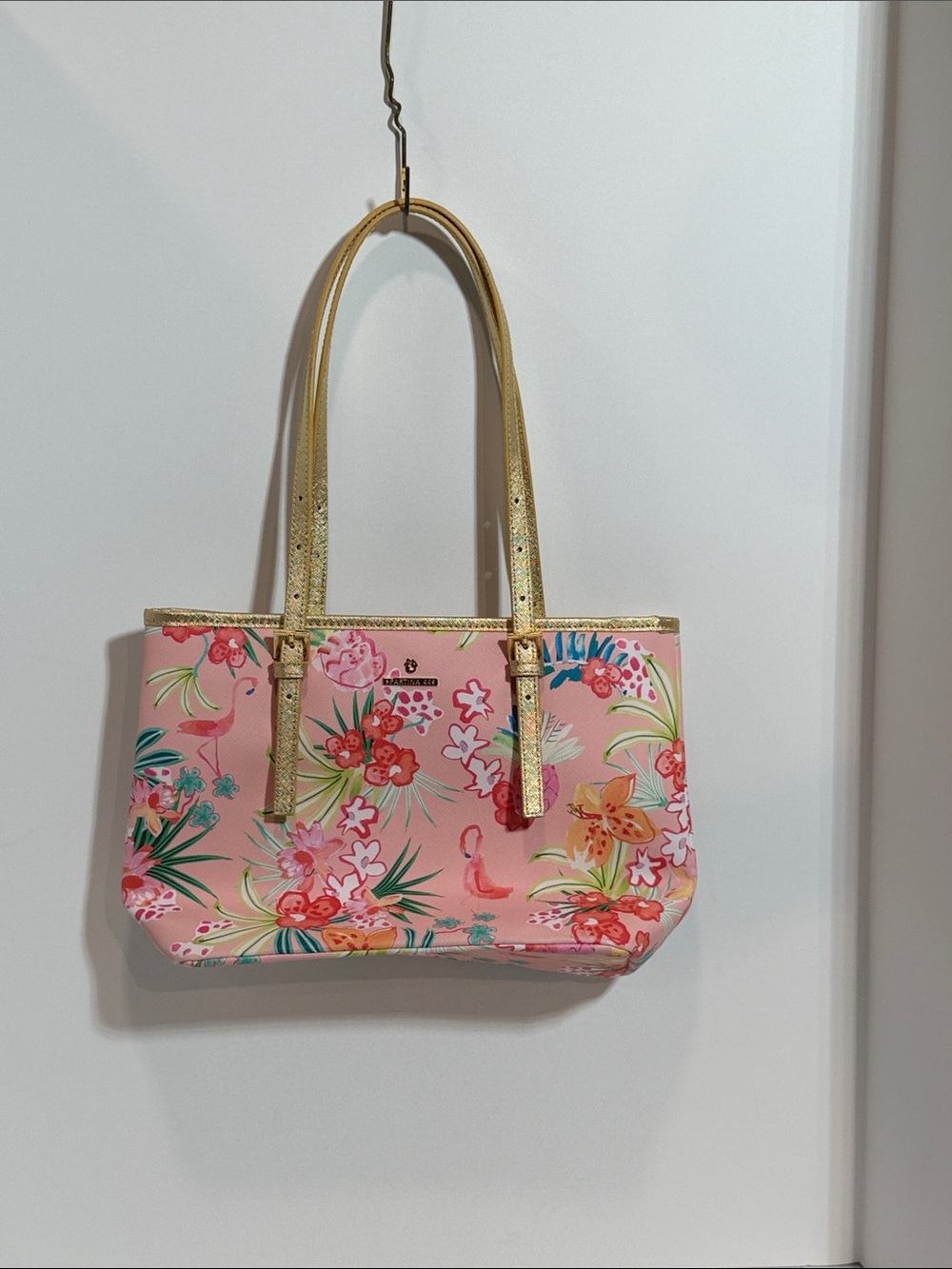 Spartina 449 Daufuskie Island Flamingo Floral Tote Genuine Leather Trim Shoulder